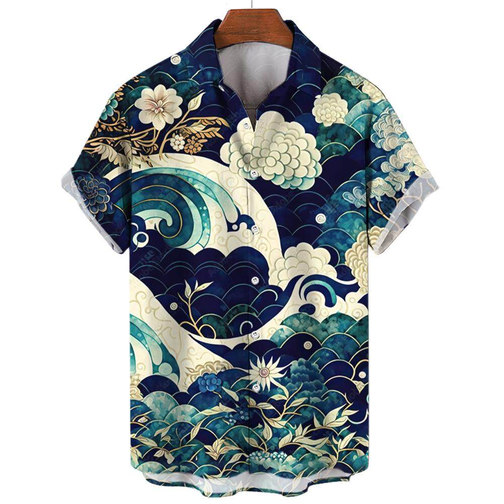 Summer Fashion Sutra of Mountains and Seas Ukiyoe Wave Print Men's Short Sleeve Shirts Casual Daily Street Trend Tops Oversized