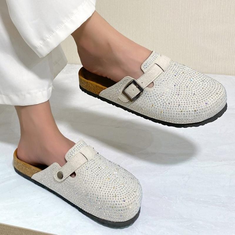 Fashion Shiny Rhinestones Outdoor Slippers Women's Shoes 2024 Summer Trend Luxury Platform Sandals Black Buckle Cork Clog Luxury Mules