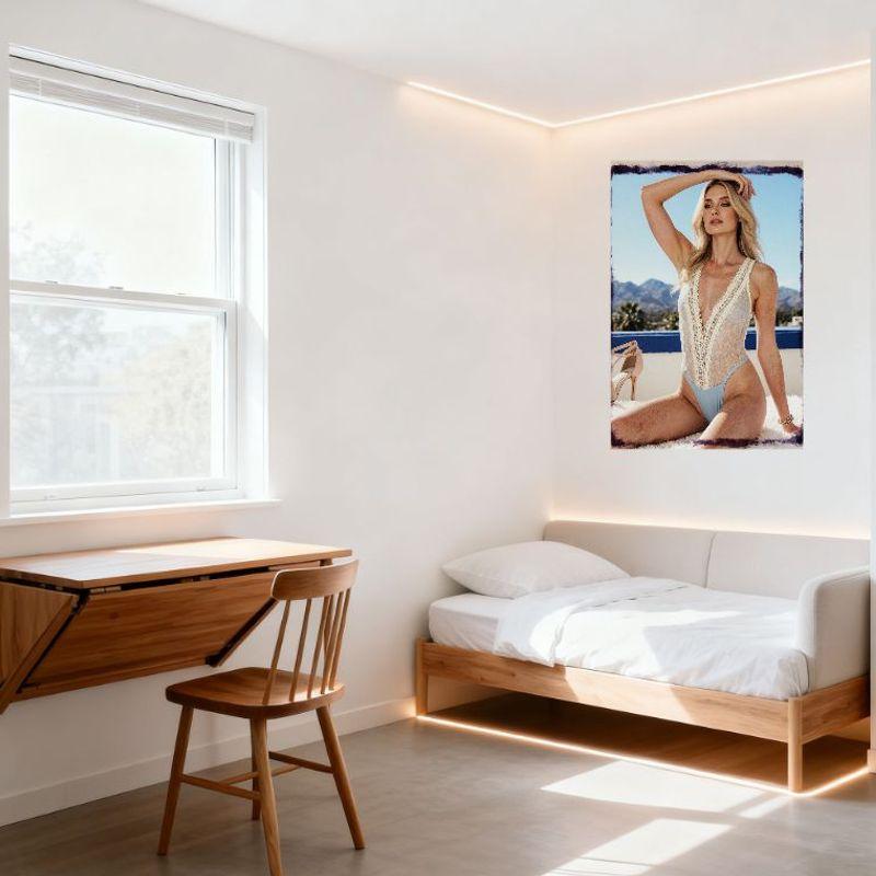 Sexy Blonde Woman Long Wavy Hair Light Freckles White Lace Bodysuit Light Blue High Heels Rug Palm Trees Metal Tin Sign for Home