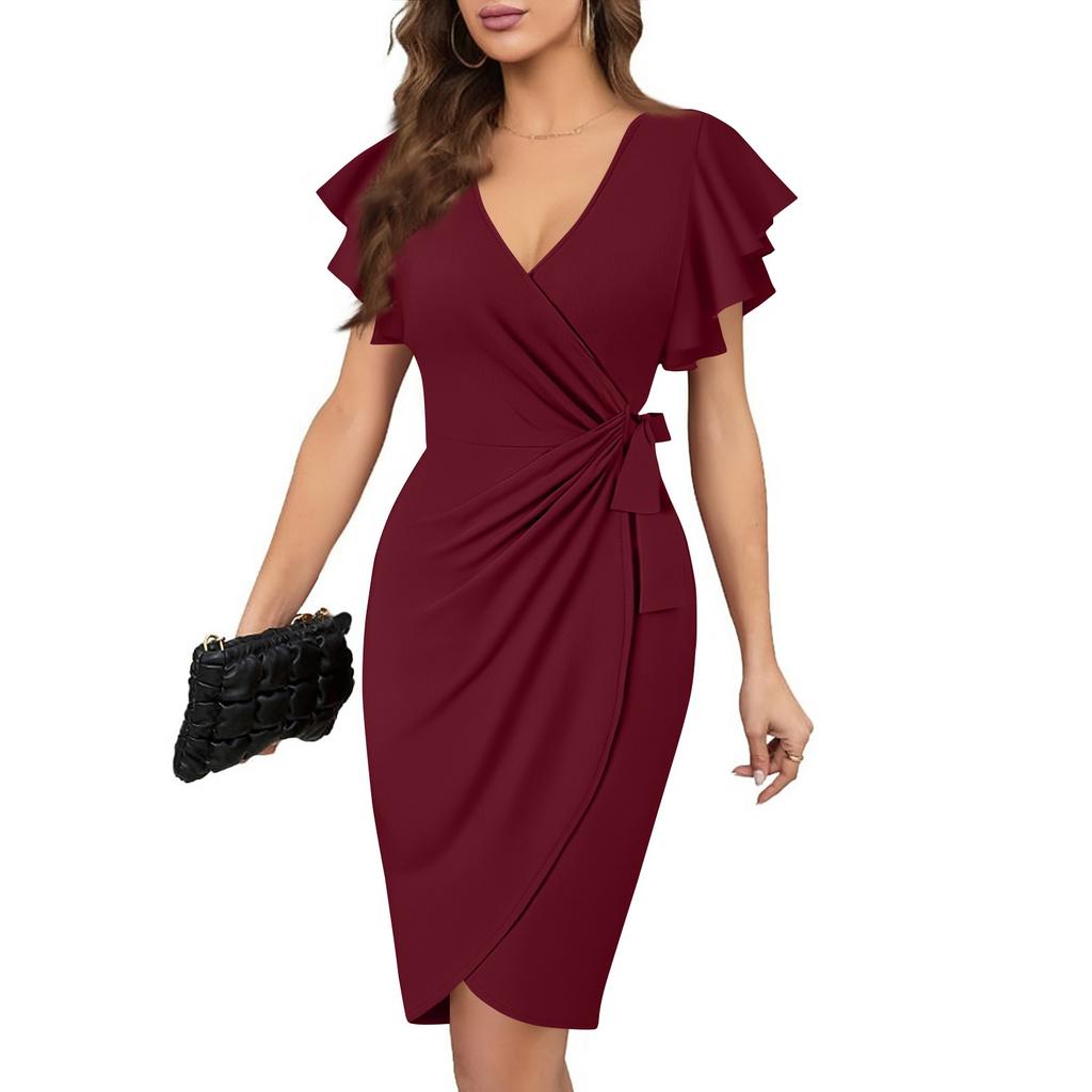 Damska sukienka we wzór kwiatowy, seksowny dekolt w serek, rękawy z falbankami, imitacja kopertowa, marszczona sukienka bodycon