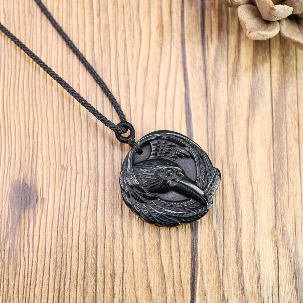 Crow Obsidian Power Stone Pendant Necklace Unisex [Coai]