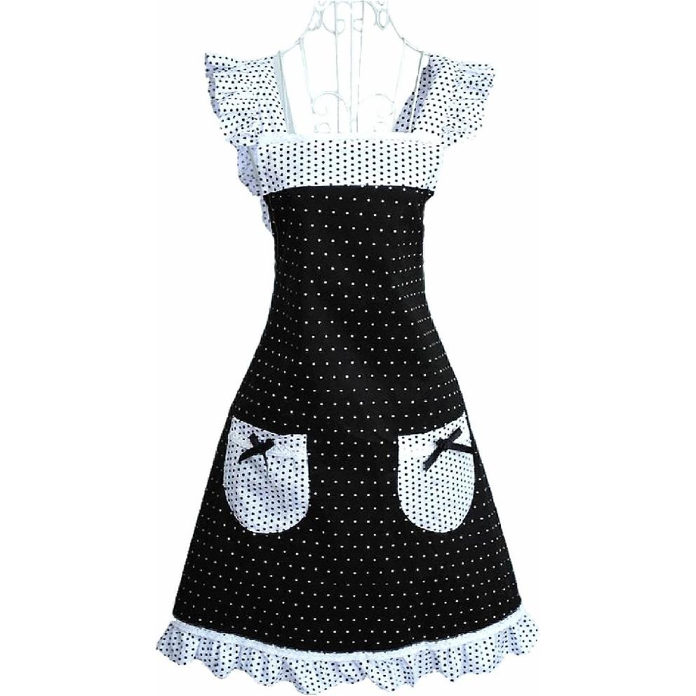 Hyzrz Princess Frill Lace Polka Dot Kitchen Cooking Aprons for Women with Pockets Cross Back