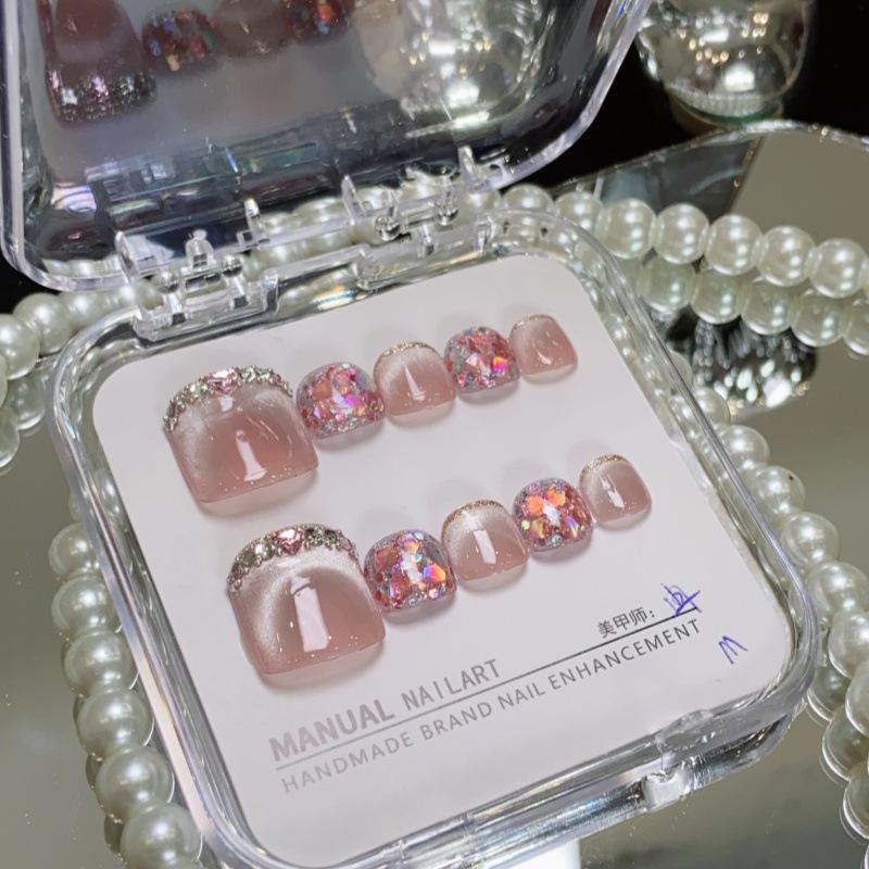 

Handmade Cat Eye Glitter Press-On Toenails: High-End Whitening Nail Art Patches Large