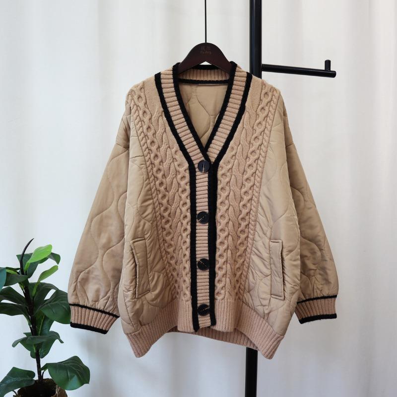 Autumn and Winter Loose Splicing Cotton Clothes Sweater Jacket Women's Lazy Wind Thickened Contrasting Color Knitted Cardigan Commuter Wind