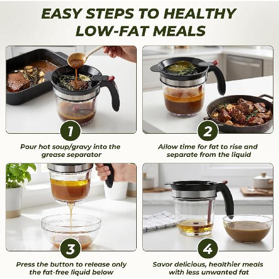Bottom Release Gravy Heat-Resistant Fat Separator with Fine Mesh Strainer for Cooking Oil Broth Soup and Pan Drippings