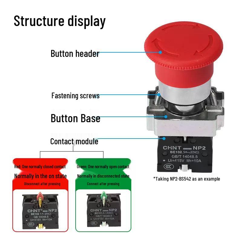 Zhengtie NP2-BS542 22mm Self-Locking Mushroom Head Emergency Stop Button Switch