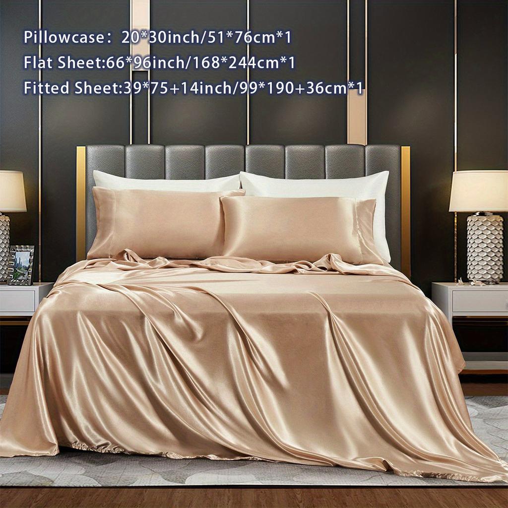 3/4Pcs Luxurious Satin Fitted Sheet Set Soft, Breathable, And Gentle On Skin Includes Flat Sheet, Fitted Sheet,Pillowcases