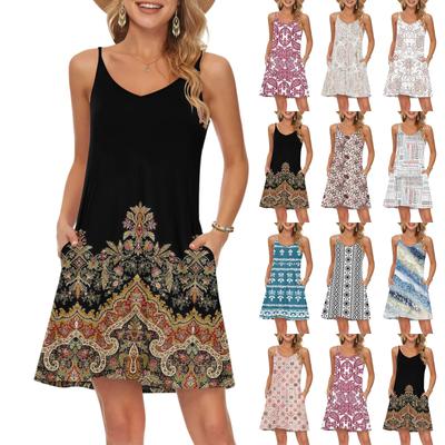 Damenmode Lässige Strandkleider Vintage Floral Bedruckt Mit Taschen Kleider