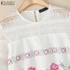 ZANZEA Women Casual Lace Patchwork Round Neck 3/4 Sleeve Floral Print Blouse