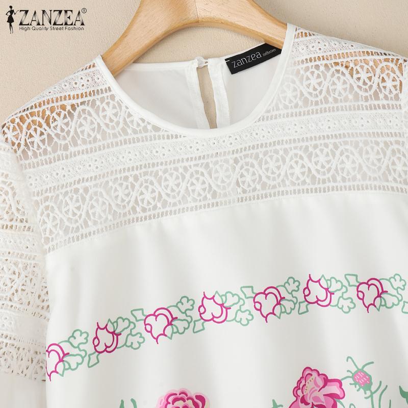 ZANZEA Women Casual Lace Patchwork Round Neck 3/4 Sleeve Floral Print Blouse