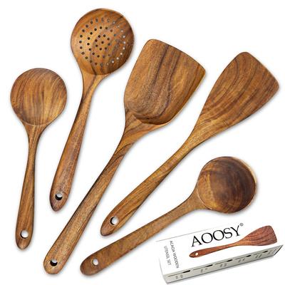 Instrument de bucătărie AOOSY din salcâm natural fără adeziv săpat din bloc de orez cutie de gătit cutie de gătit incluse set de 5 bucăți, lemn, lemn, linguriță, spatulă, turner,