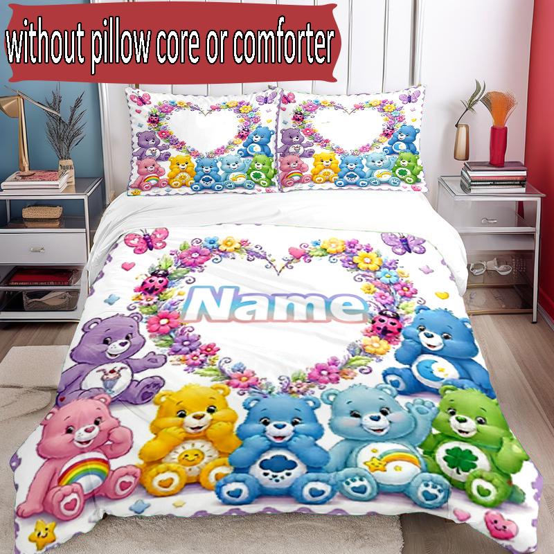 3'lü Nevresim Takımı (1*Nevresim Kılıfı + 2*Yastık Kılıfı, Çekirdeksiz), Kişiye Özel İsimli Care Bears Desenli Nevresim Takımı, Ev Yatak Odası Dekorasyon Hediyesi