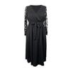 Women Gown Dress V-neck Embroidered Lace Mesh Long Sleeves Midi Dress High Waist Wrap Dress with Belt