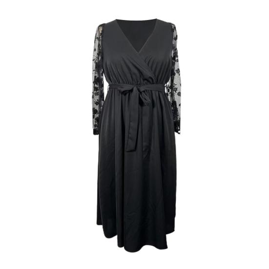 Women Gown Dress V-neck Embroidered Lace Mesh Long Sleeves Midi Dress High Waist Wrap Dress with Belt