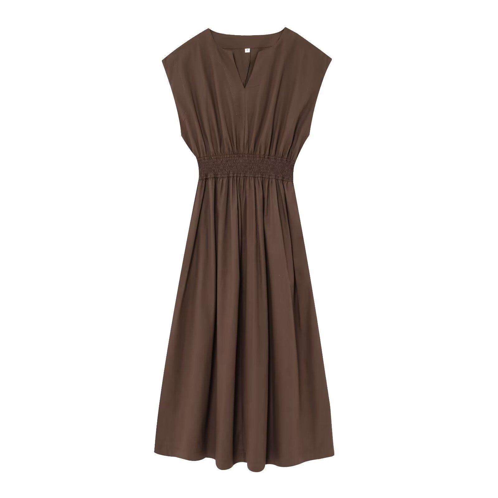 

Женское платье без рукавов с V-образным вырезом и присборенной талией, стиль европейский и американский, весна/лето 2025 Medium чёрный