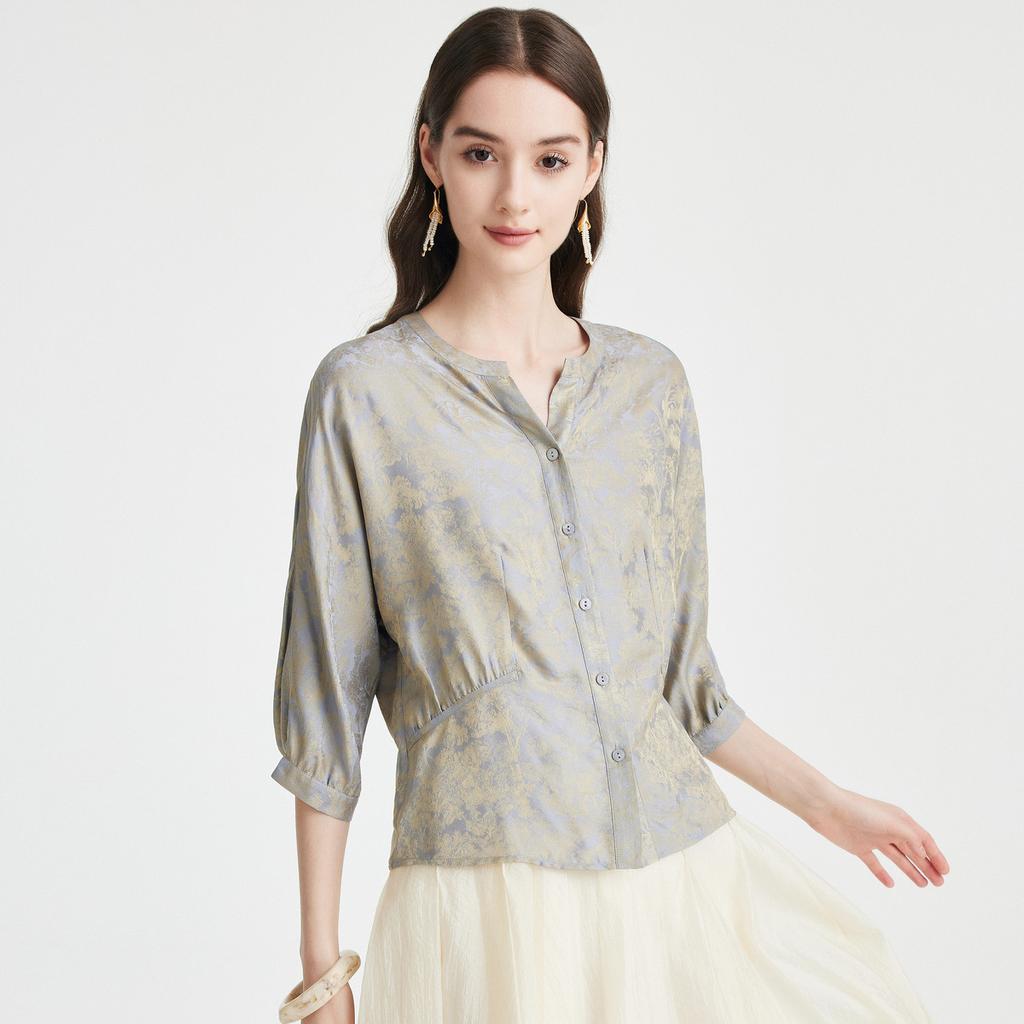23 MM Jacquard] Spring and Summer V-neck Western Style Gentle Temperament Comfortable Skin friendly Mulberry Silk T-shirt for Women