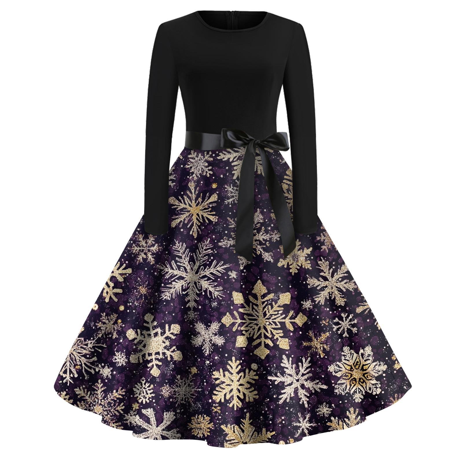 

Рождественский принт расклешенное платье для женщин платье с длинным рукавом полые вечерние повседневные платья XL фиолетовый