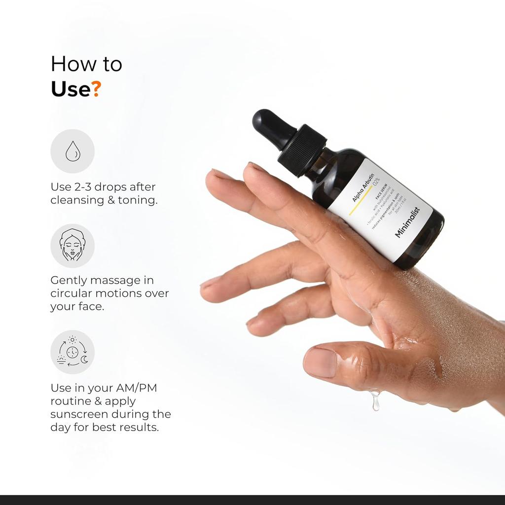 Minimalist Dark Spots Removal Serum 2% Alpha Arbutin For Hyperpigmentation, Blemishes, Acne Marks & Tanning, Non-Comedogenic, Fragrance-Free, 10 Ml