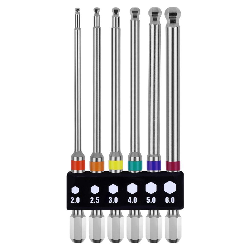 OIENNI Ball Point Hex Bit Hex Magnetic Driver for Electric Screwdrivers Set, 6-Piece Set, 100mm, Single-Head, 6.35mm Shank, Bits, 2/2.5/3/4/5/6 Flats,