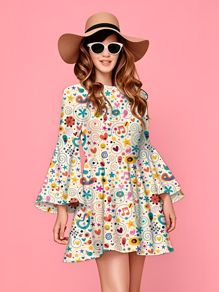 Retro 1970s Hippie Disco Print Women's Dress