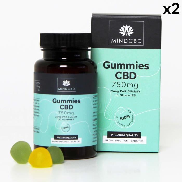 Lot 2 x 30 Gummies CBD Premium MIND CBD - Broad Spectrum (sans THC) - 750mg (25mg/gummy) - Goûts : Citron & Pomme verte