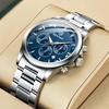 BENYAR Men's Multi-Calendar Chronograph Watch with Leather Strap, Water-Resistant and Scratch-Resistant Silver-Blue Finish, Perfect for Business and F