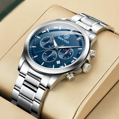 BENYAR Men's Multi-Calendar Chronograph Watch with Leather Strap, Water-Resistant and Scratch-Resistant Silver-Blue Finish, Perfect for Business and F