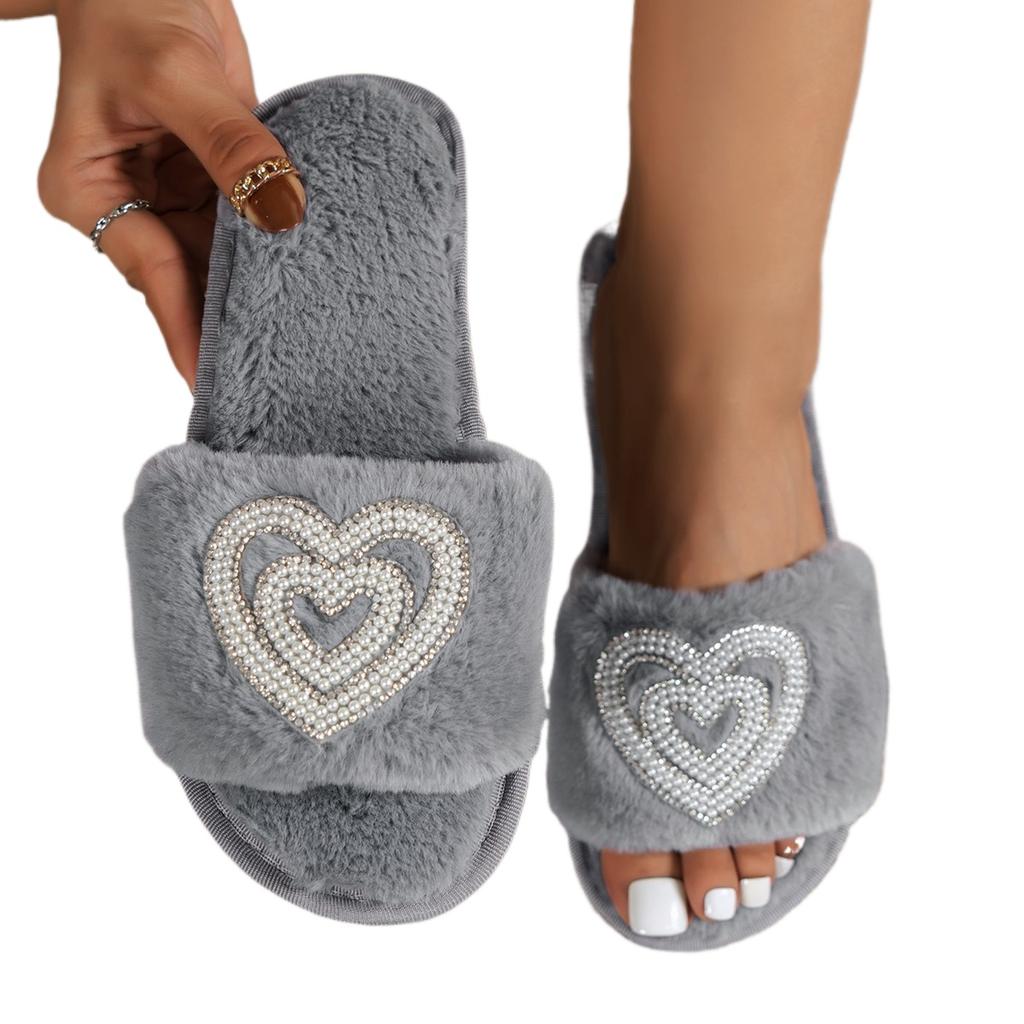 Mode Winter Damen Winter Haus Pelzige Hausschuhe Rutschfest Lässig Indoor Ballerinas Bodenschuhe Damen Flip Flops Warme Schuhe Einfarbige