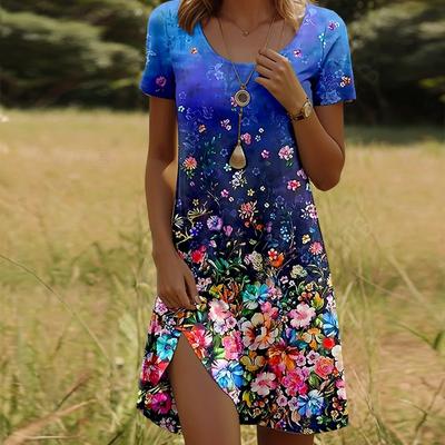 Mode für Damen, lockerer, schöner Blumendruck, O-Ausschnitt, kurze Ärmel, Blätterdruck, lockere Streetwear, A-Linien-Kleid
