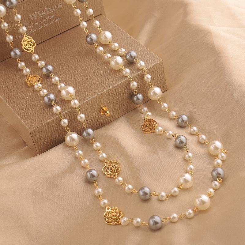 

Pearl necklace new long Japanese and Korean Xiaoxiangfeng rose decorative hanging chain temperament versatile multi-layer sweater chain with