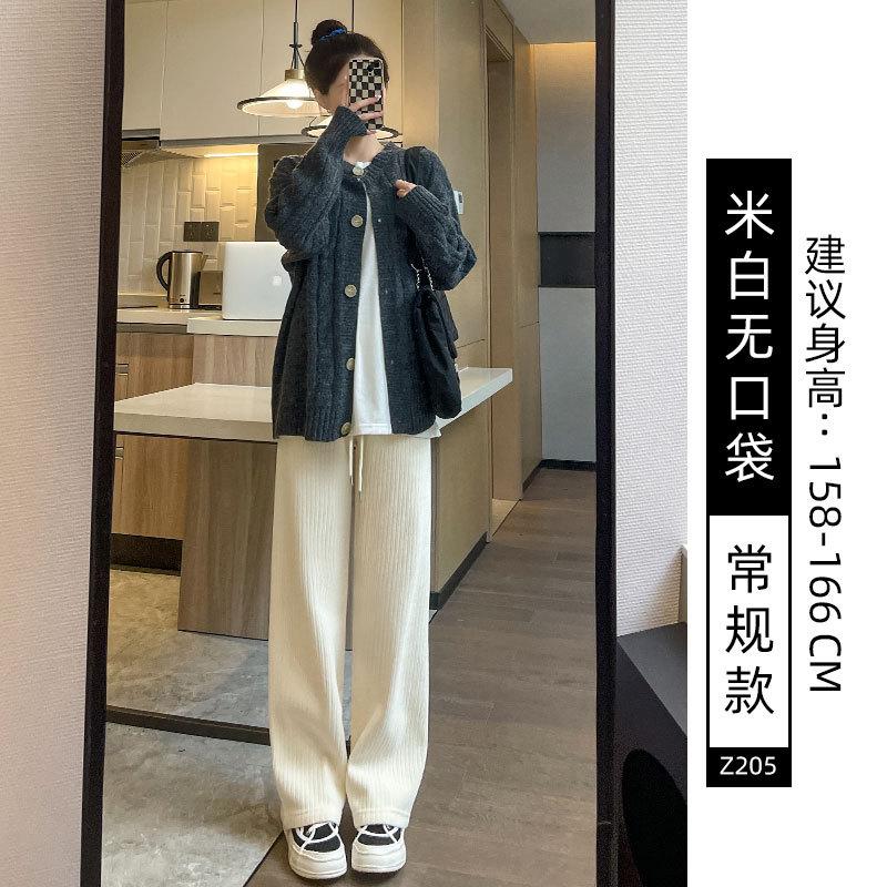 Black Chenier Wide Leg Pants Women's Pants Autumn and Winter Fleece Thickened Straight Pants Casual Skinny Corduroy Pants