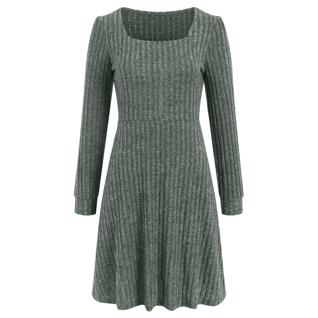 Vestido de Punto de Manga Larga para Mujer con Bolsillos Cuello Cuadrado Vestidos Ajustados Tejido de Color Puro Vestido Elegante para Mujer