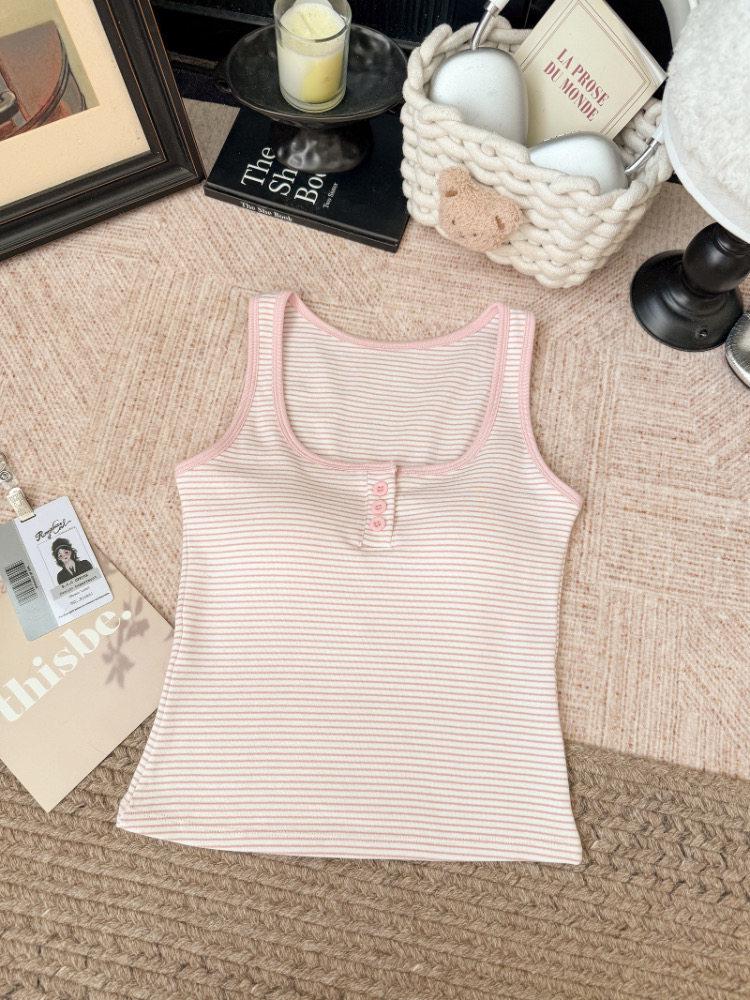 Korean Style Women's Square Neck Vest with Built-in Bra, Retro Stripe Camisole, Slim Fit Spicy Girl Top