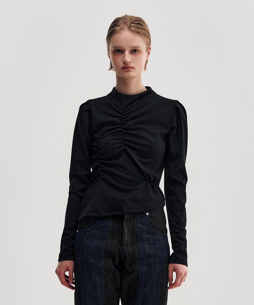 Kimjisu Shirring Draped Highneck Top _ Black