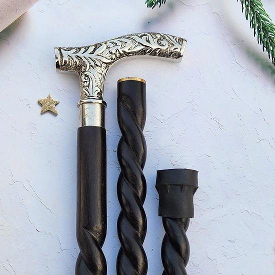 Baston unic cu mâner din alamă, baston pliabil din lemn lucrat manual, baston și baston cu mâner argintiu