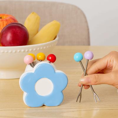 Portable Stainless Steel Fruit Fork Reusable Decorative Dessert Forks Flower Shaped Ceramic Jar Dessert Forks with Storage Jar