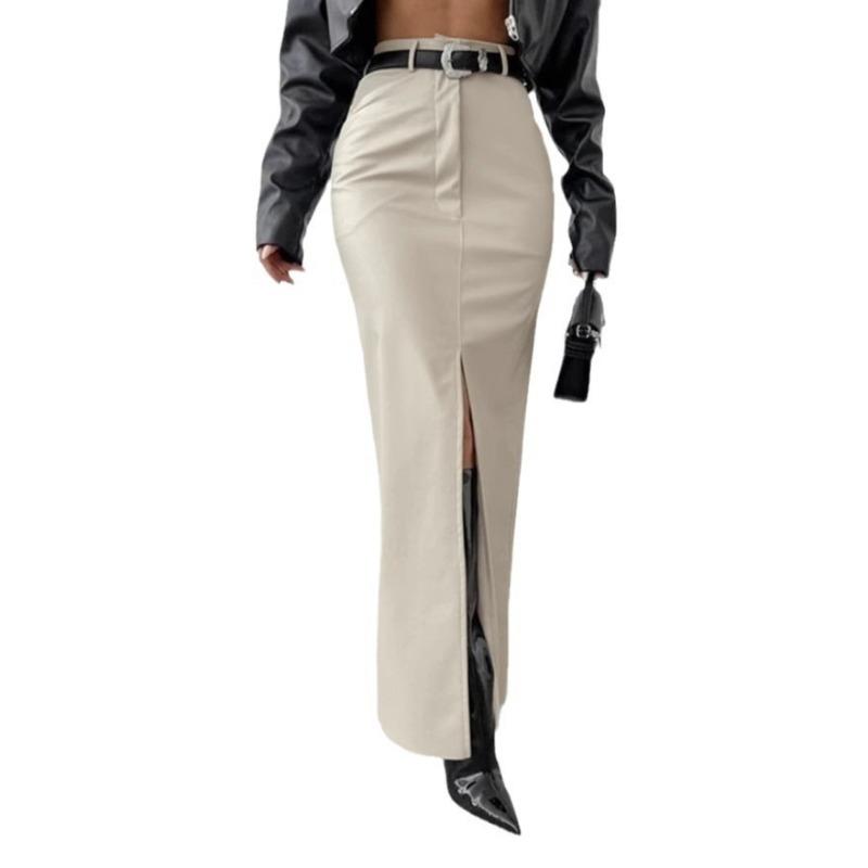 Women's Temperament Fashion PU Leather Solid Color Splicing Design Sense High Waist Slit Slim Long Skirt