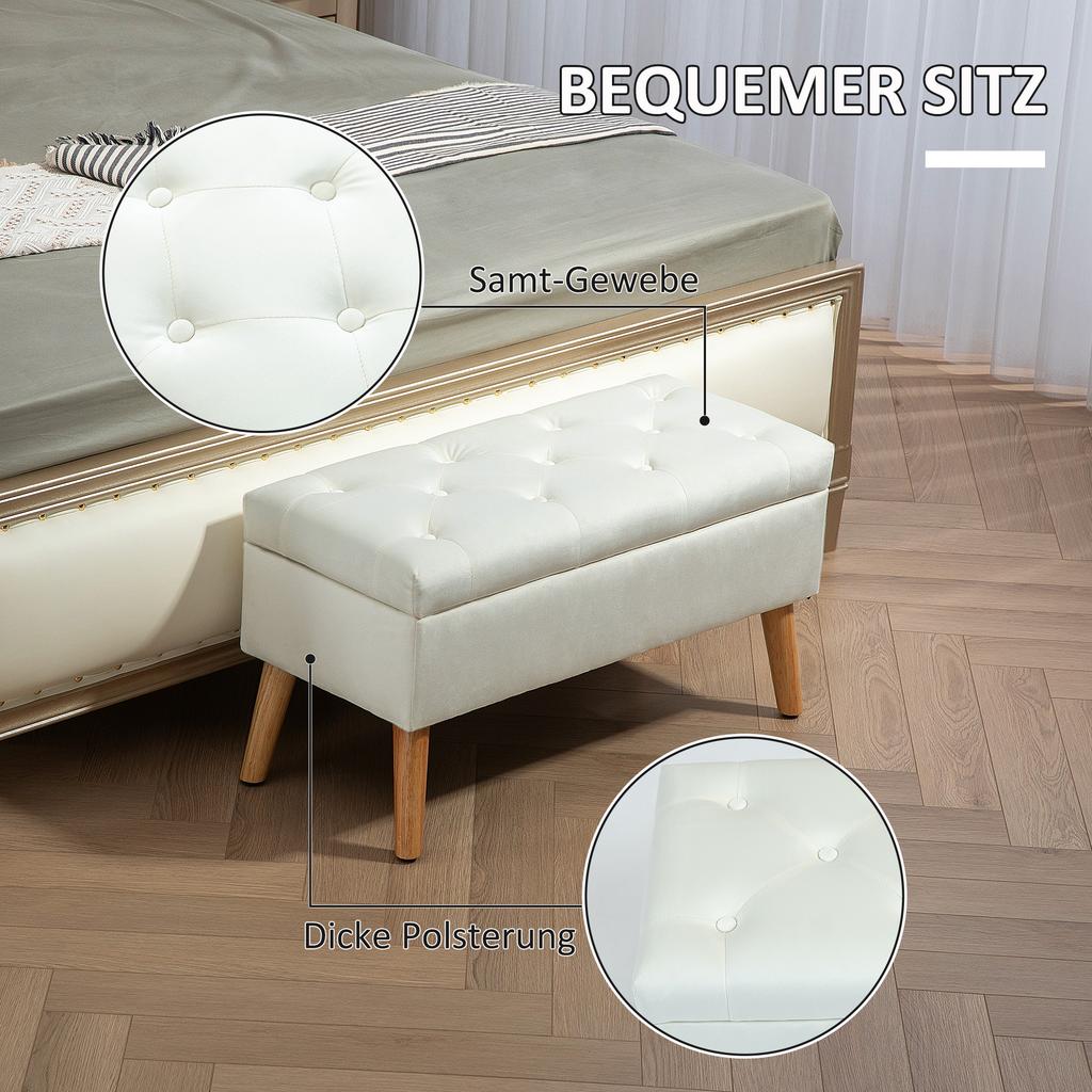 Upholstered Storage Bench, Velvet-Look Fabric Cover, Wooden Legs, for Living Room, Bedroom, Hallway, 80 x 35 x 42 cm, White