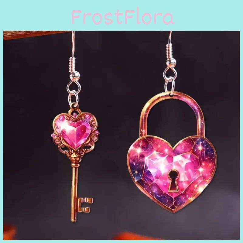 Sweet Heart Shaped Lock And Key Design Acrylic Women Pink Earrings Jewelry For All Genders