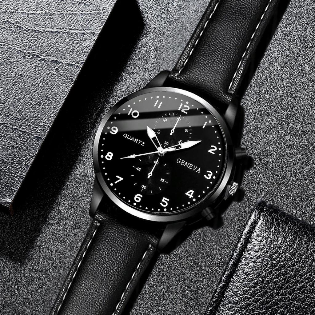 2 pezzi/set Orologio al Quarzo da Uomo alla Moda con Cinturino in Pelle & Semplice Braccialetto di Perline
