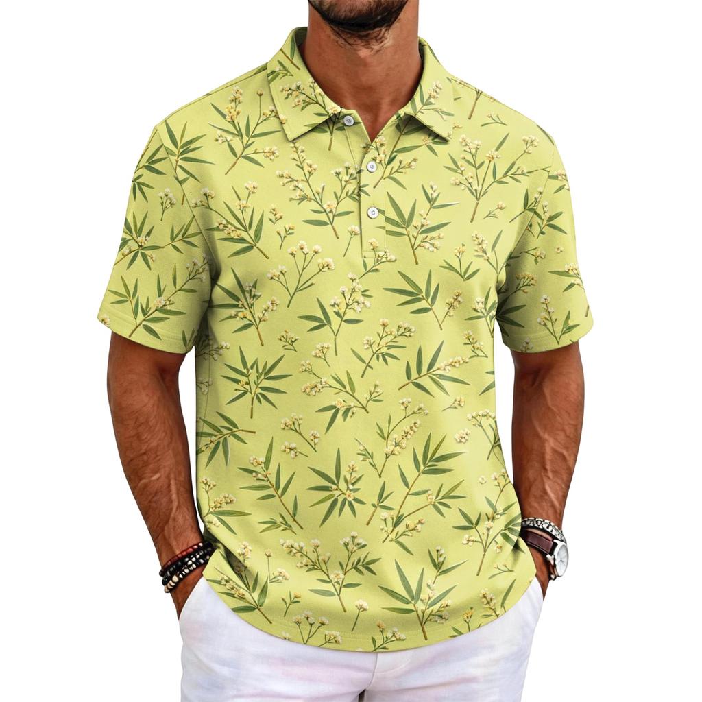 Men's Short Sleeve Polo Shirt Hawaiian Style Loose Fit Casual Top with Print and Classic Collar for Daily Wear