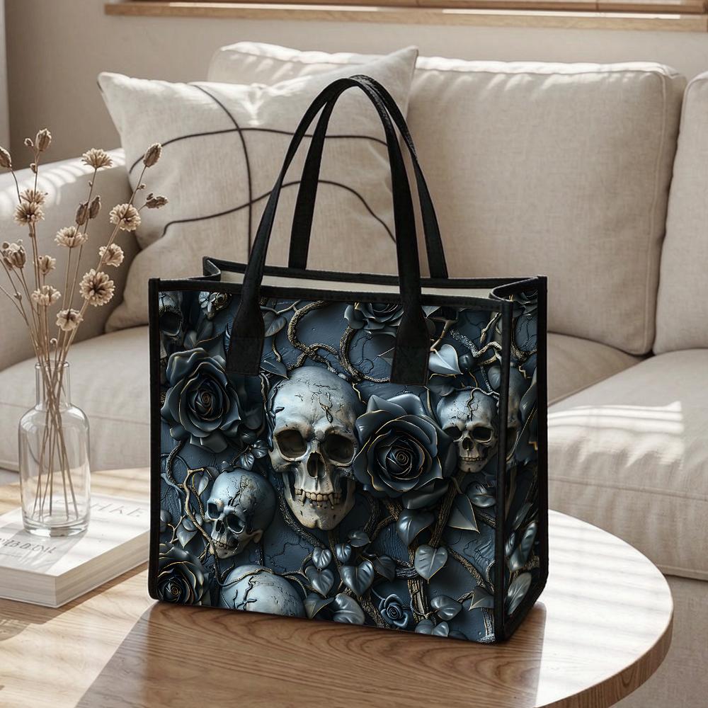 Gothic Skull Rose Print Shoulder Tote Bag Fashion Daily Use Casual Handbag for Street Outgoing Carry All