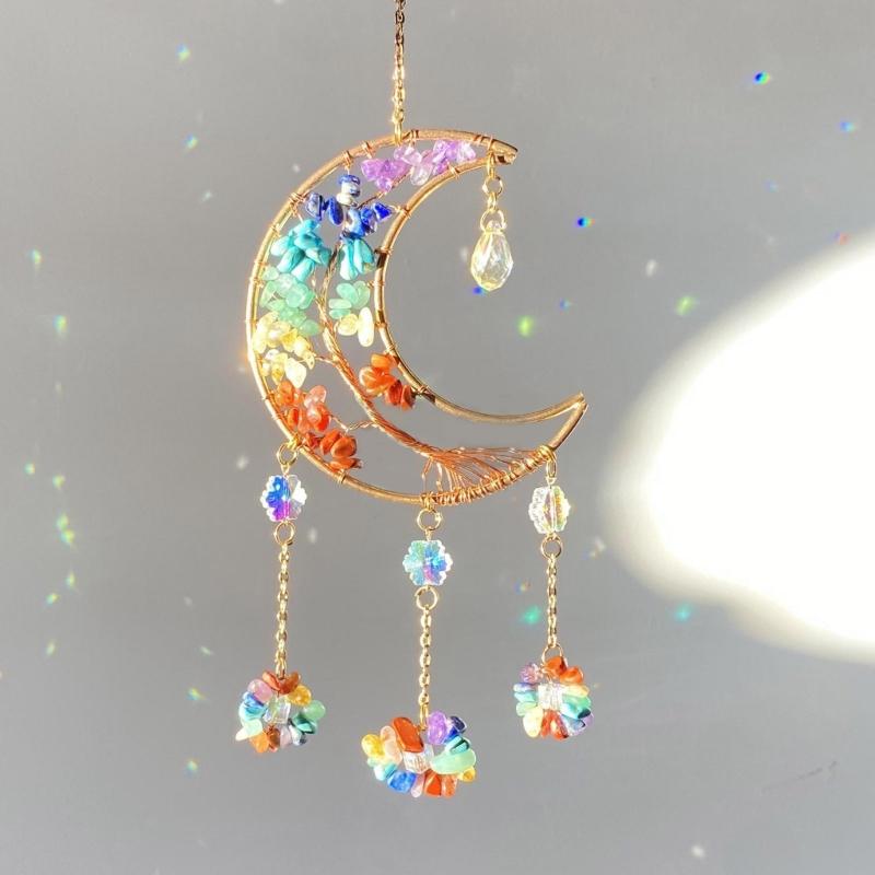 Hanging Crystal Stone Craft Dreamcatchers Colorful Moon Shape Suncatchers Ornament Rainbow Maker Car Hangers Home Decors