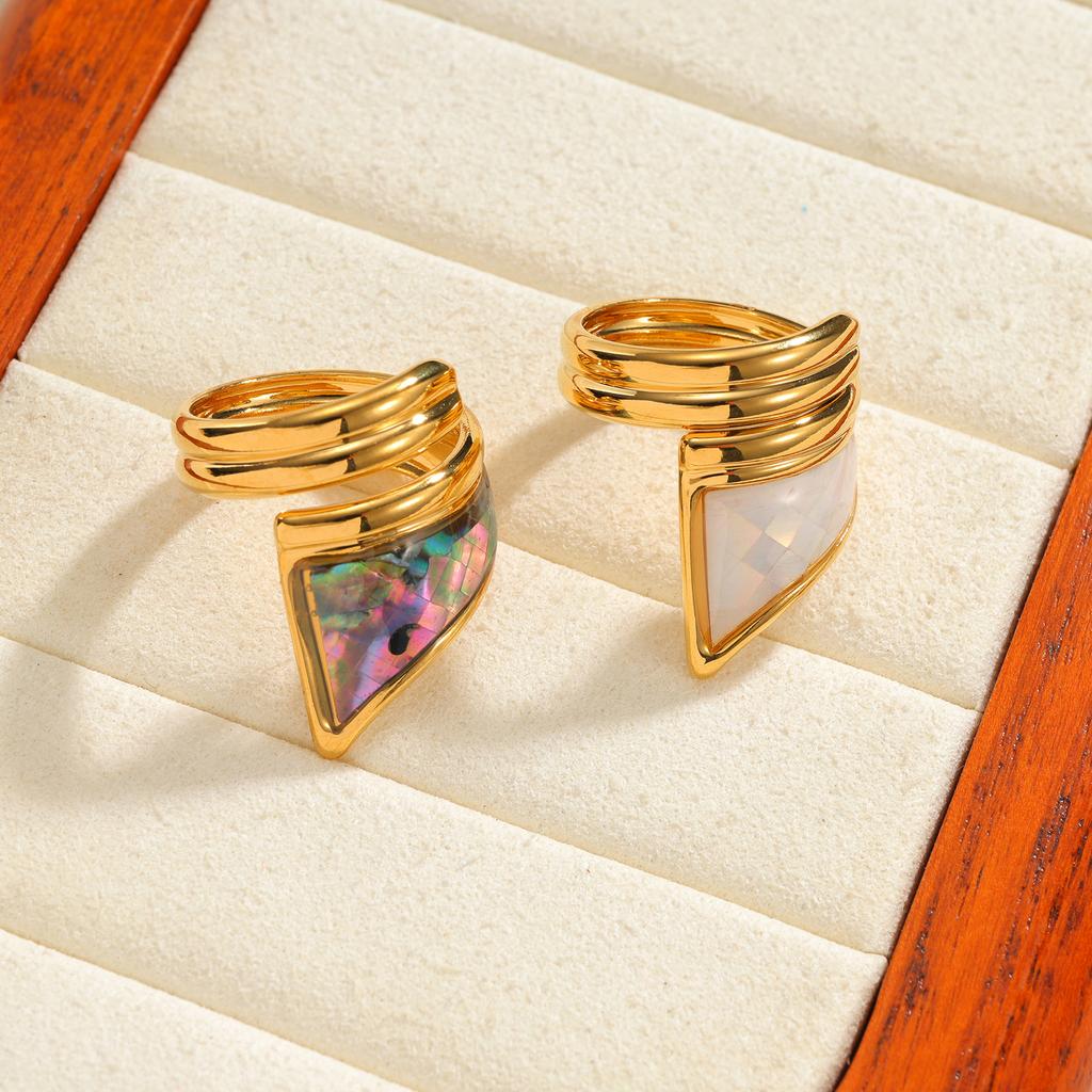 Stainless Steel Vintage Irregular Geometric Rings for Women Statement Retro Inlaid Shell Adjustable Open Ring Daily Jewelry Gift