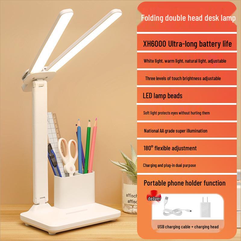 Dual Head LED Table Lamp: Dimmable, Foldable, Plug-in/Rechargeable Bedside Reading Lamp for Dorms and Kids
