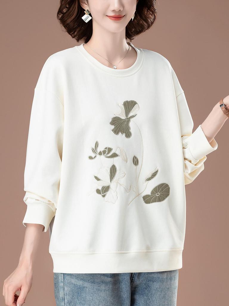 Women's Plus Size Embroidered Sweatshirt - Stylish Loose Fit for Spring & Autumn