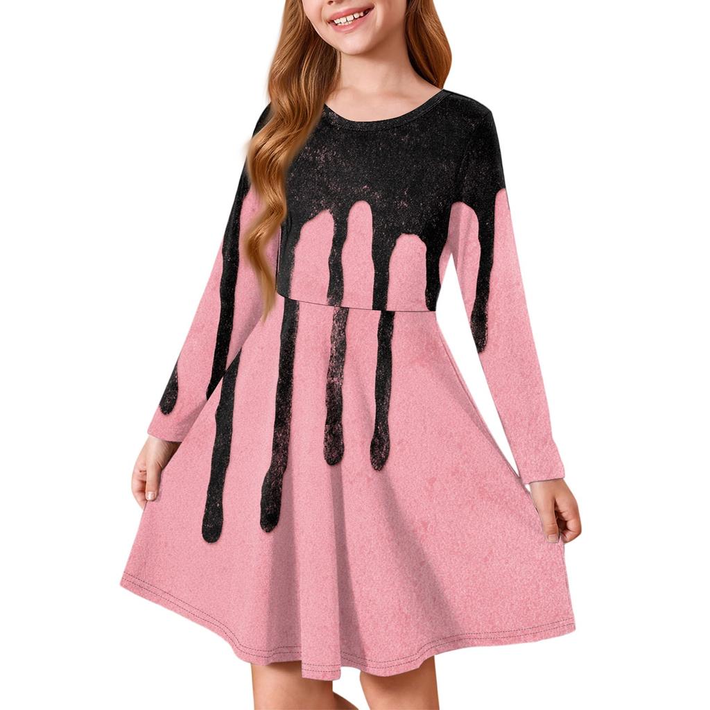 Girls' Summer Princess Dress Halloween Day- Long Sleeve A-Line T-Shirt Dress
