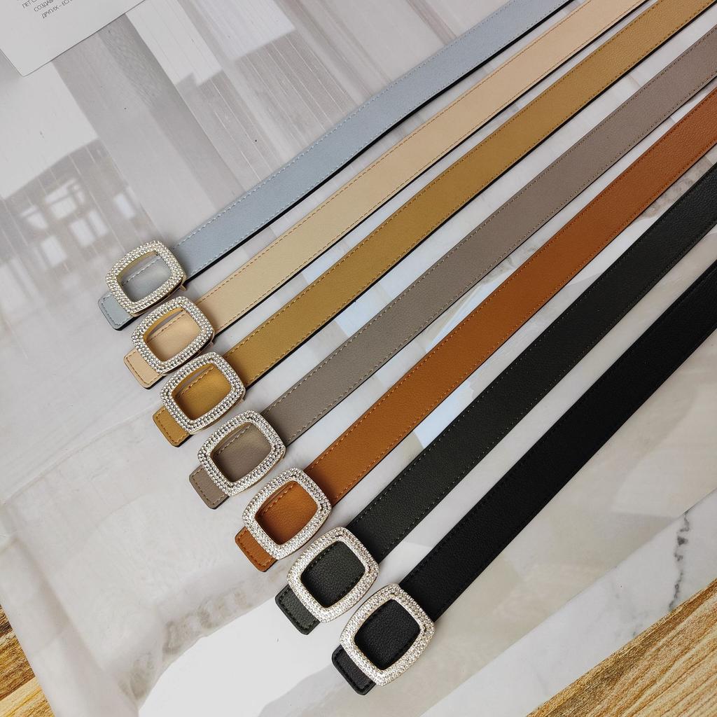 New Color Lychee Pattern Cowhide Belt Women'S Square Diamond-Encrusted Smooth Buckle Simple Jeans Belt