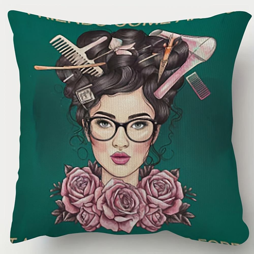 1pc, Women's Hairdresser Rose Pattern Decorative Polyester Pillowcase, Soft and Smooth Touch Polyester Short Plush Fabric, Single-Sided Print, Winter