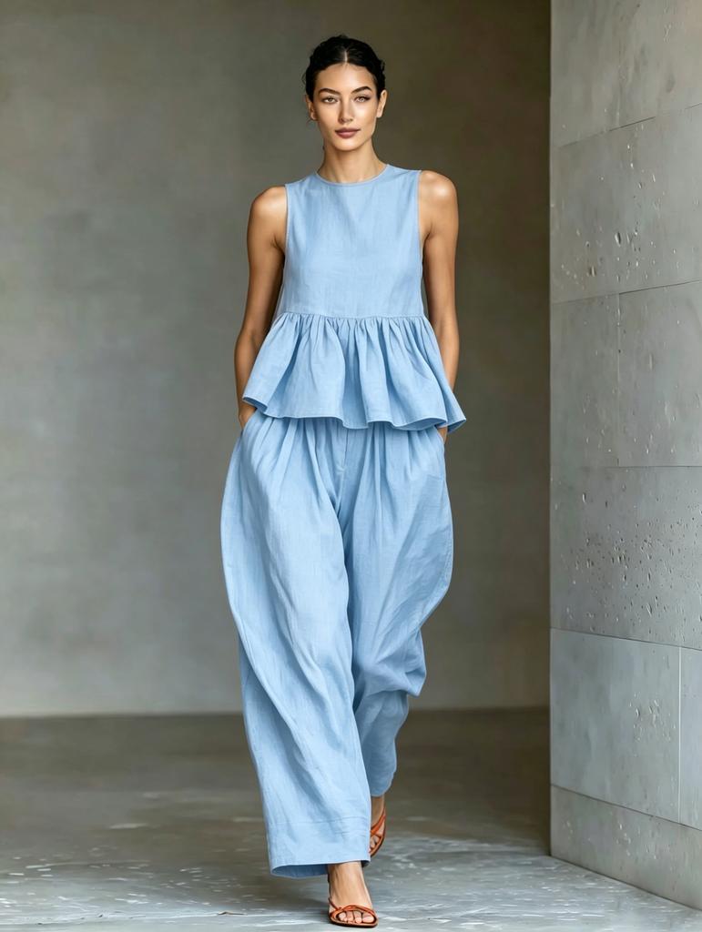 2026 summer new Amazon, suit women's sleeveless ruffle top + loose wide-leg pants two-piece commute